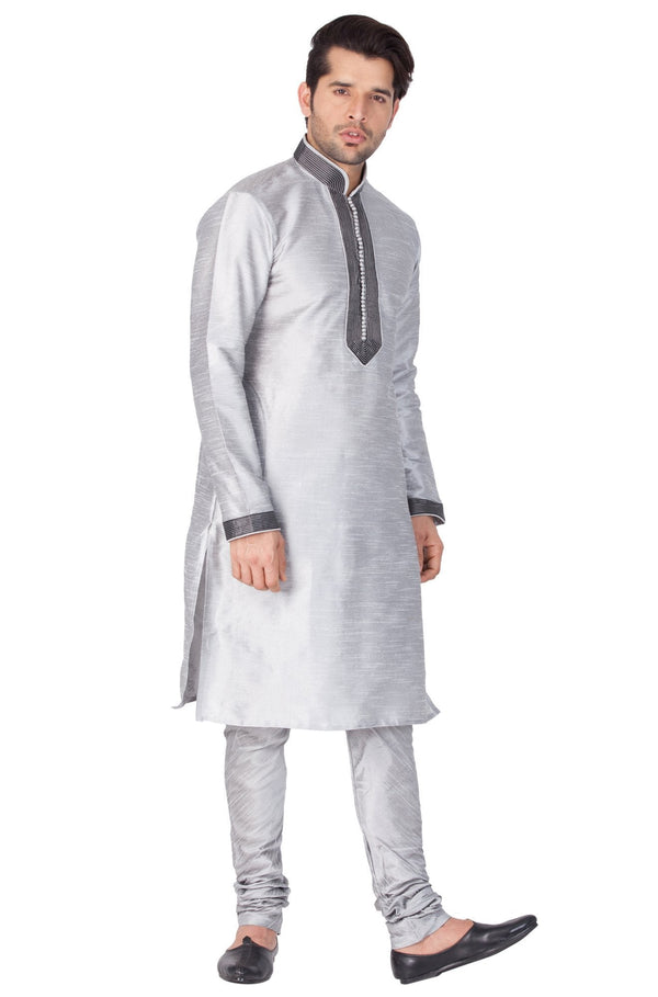 Men's Grey Cotton Silk Blend Kurta and Pyjama Set - Vastramay