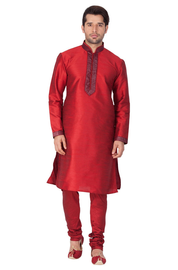 Men's Maroon Cotton Silk Blend Kurta and Pyjama Set - Vastramay