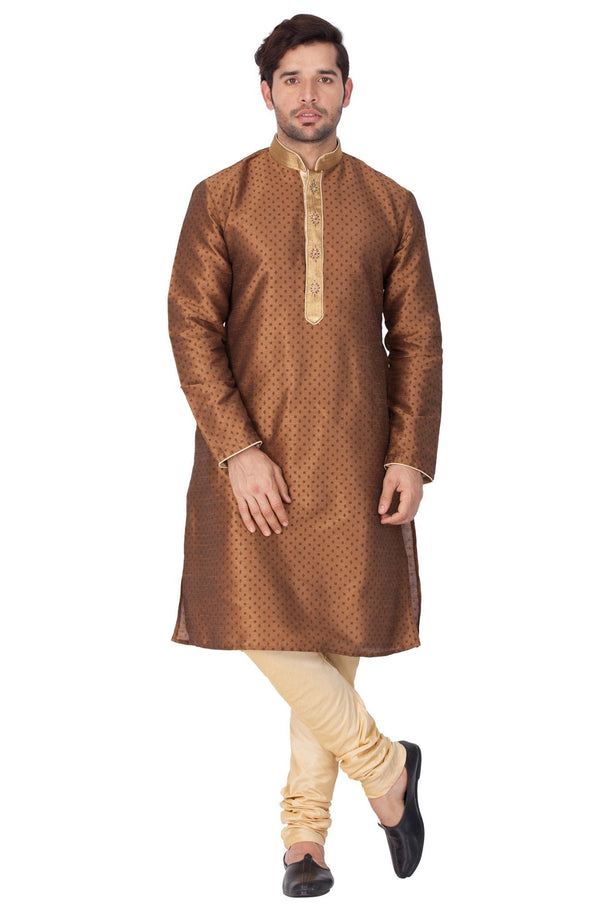 Jashvi Men's Brown Cotton Silk Blend Kurta and Pyjama Set