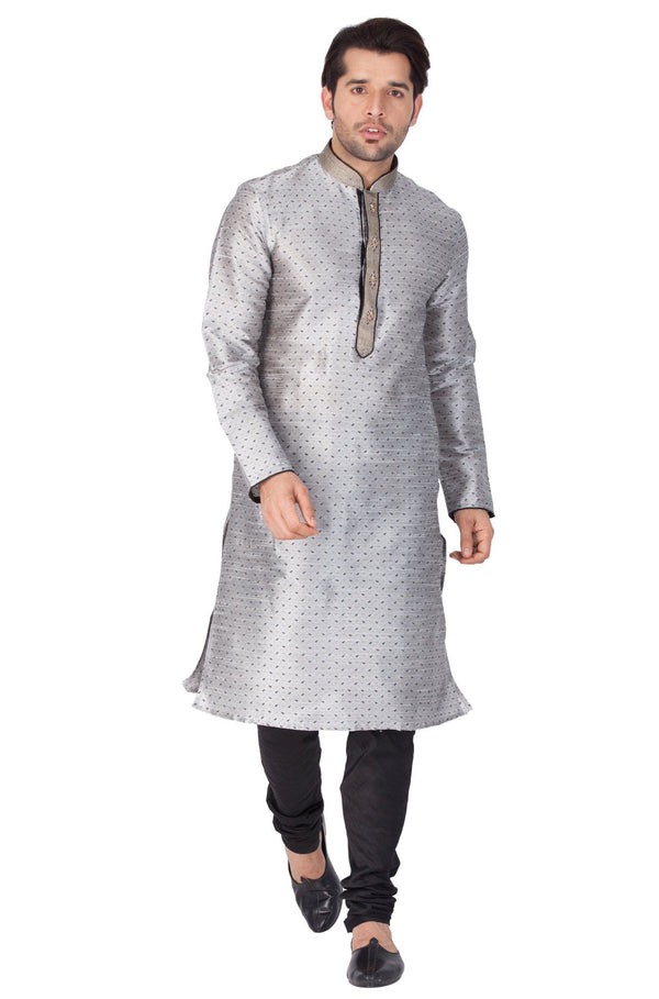 Jashvi Men's Grey Cotton Silk Blend Kurta and Pyjama Set