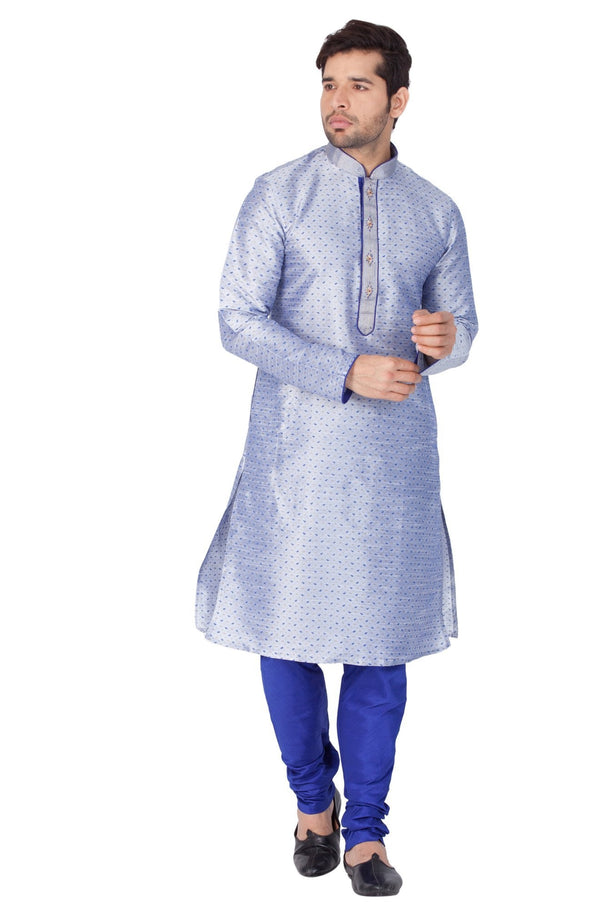 Jashvi Men's Light Blue Cotton Silk Blend Kurta and Pyjama Set