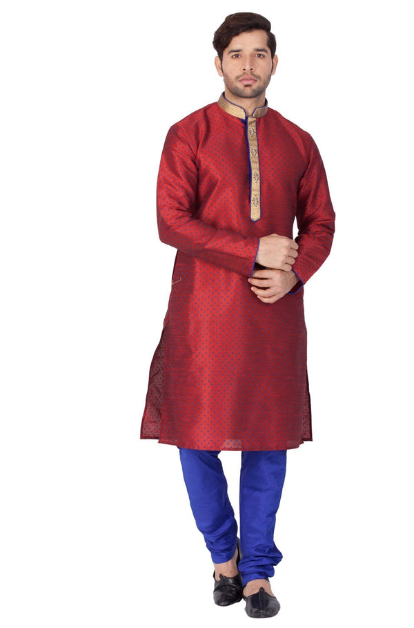 Jashvi Men's Maroon Cotton Silk Blend Kurta and Pyjama Set