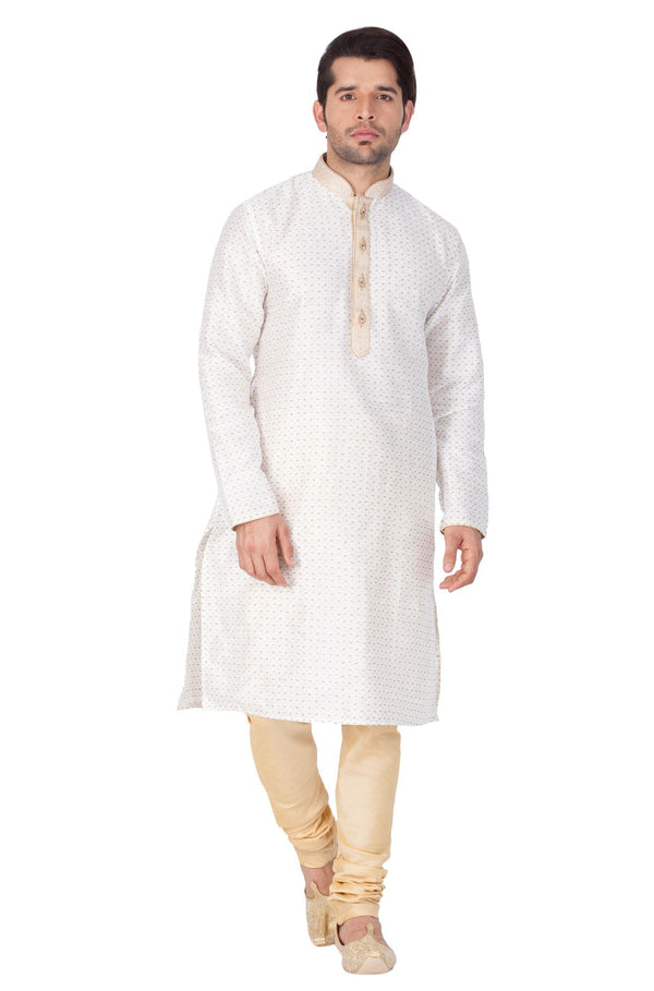 Jashvi Men's White Cotton Silk Blend Kurta and Pyjama Set