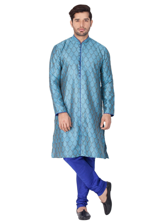 Men's Light Blue Cotton Silk Blend Kurta and Pyjama Set - Vastramay