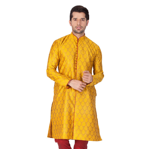 Jashvi Men's Yellow Cotton Silk Blend Kurta