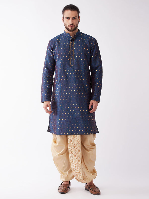 Jashvi Men's Blue Zari Weaved Kurta Dhoti Set