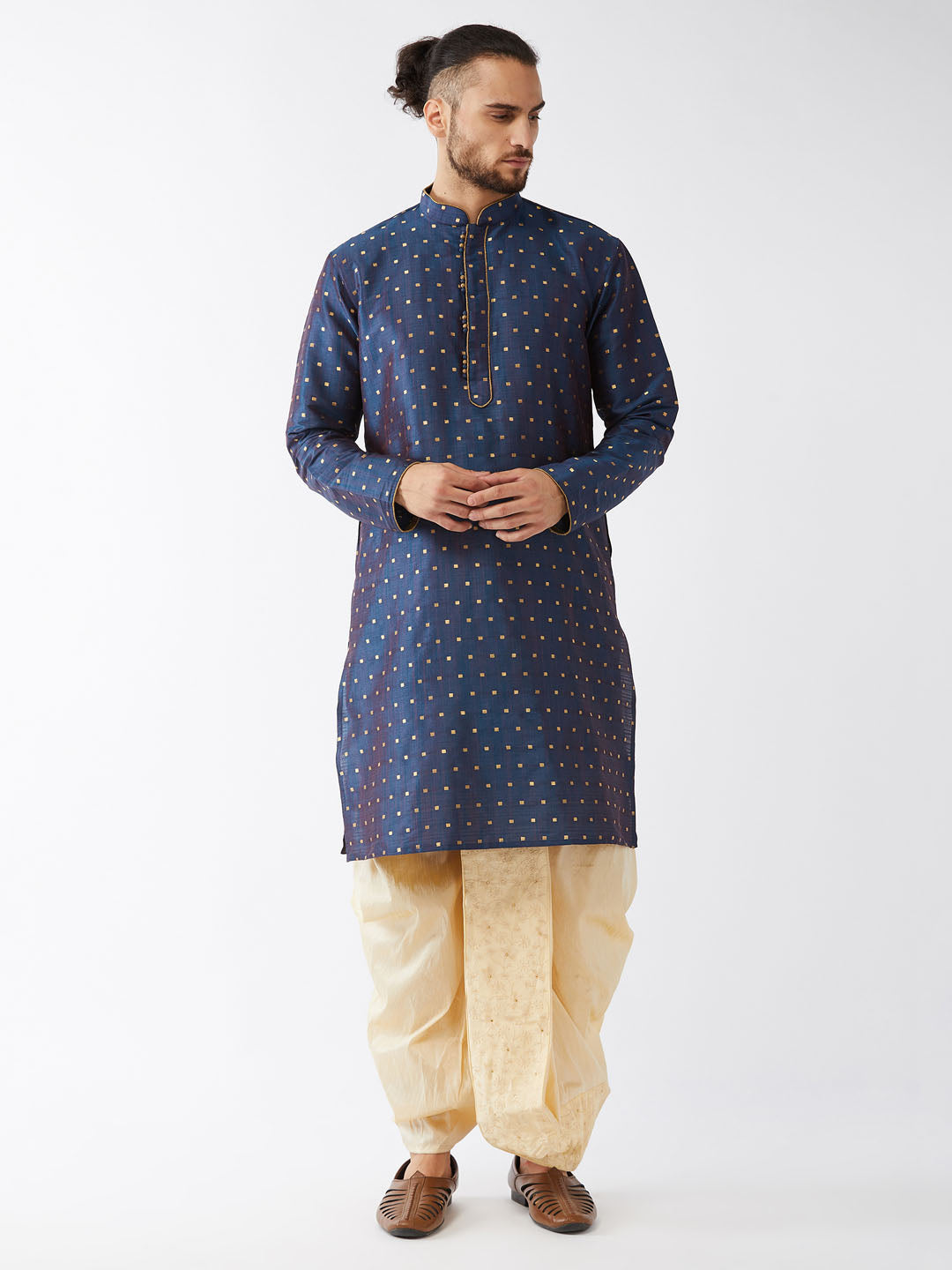 Men's Blue And Gold Silk Blend Kurta And Dhoti Set - Vastramay