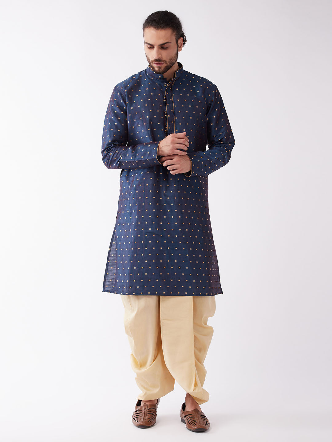 Men's Blue And Gold Silk Blend Kurta And Dhoti Set - Vastramay