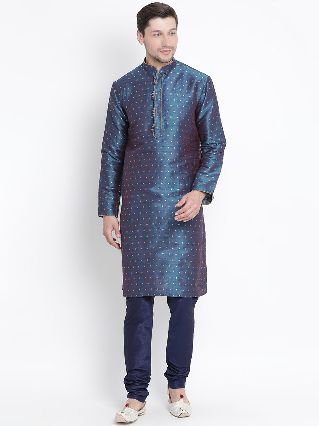 Men's Blue Cotton Silk Blend Kurta and Pyjama Set