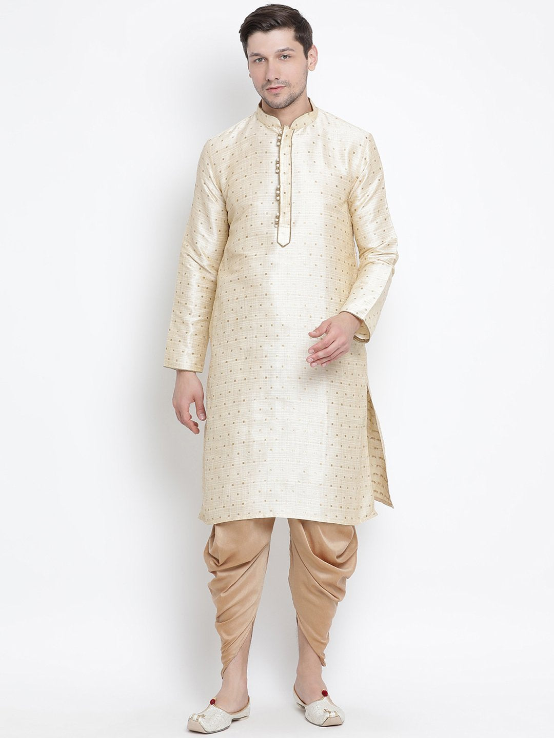 Men's Gold Cotton Silk Blend Kurta and Dhoti Pant Set