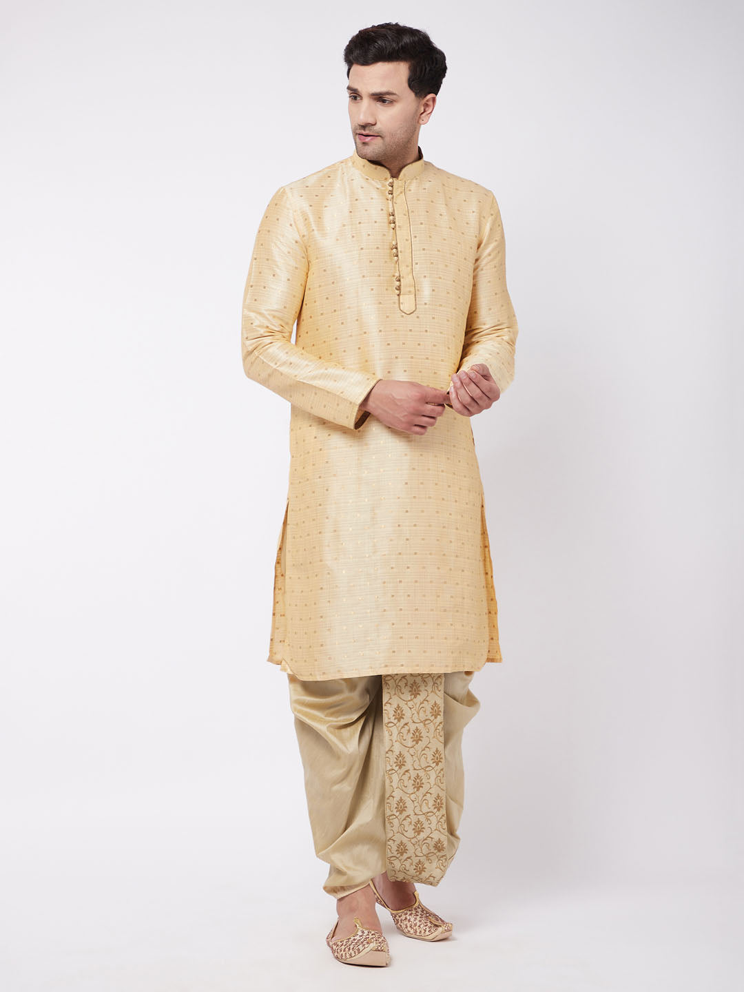 Men's Beige And Gold Silk Blend Kurta And Dhoti Set - Vastramay