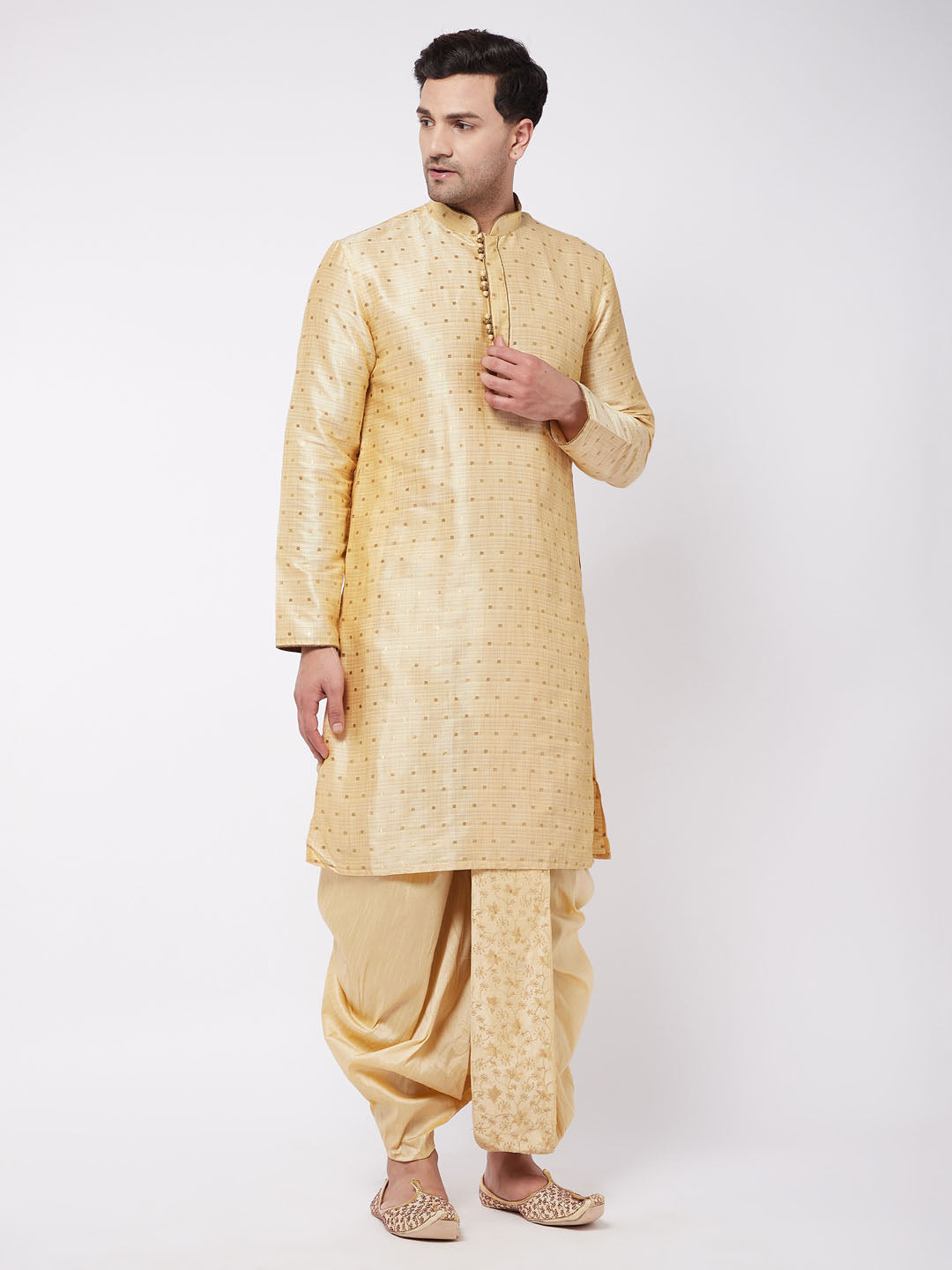 Men's Beige And Gold Silk Blend Kurta And Dhoti Set - Vastramay