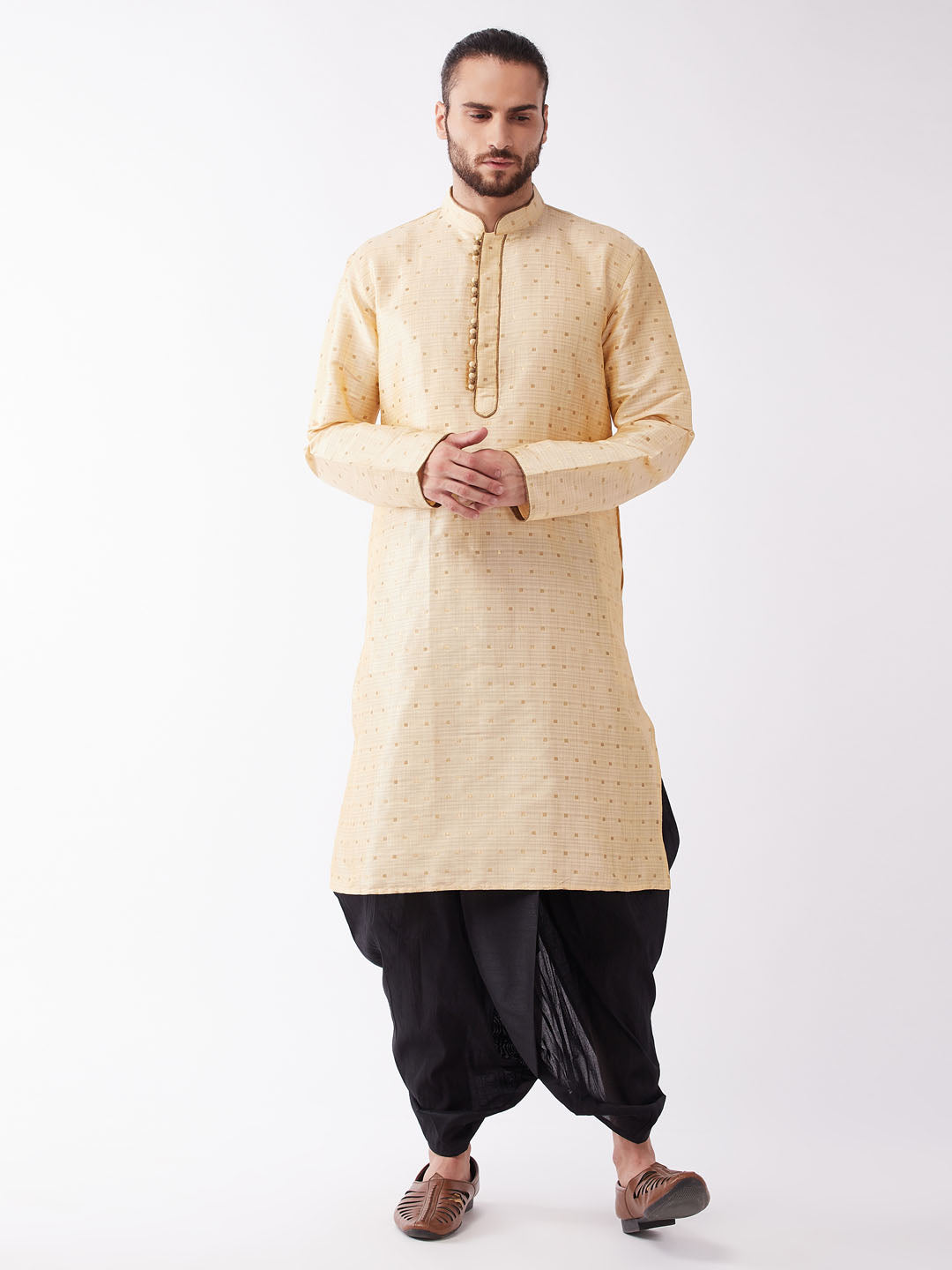 Men's Beige And Black Silk Blend Kurta And Dhoti Set - Vastramay