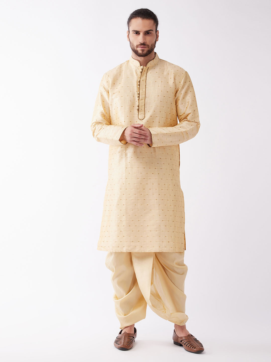 Men's Beige And Gold Silk Blend Kurta And Dhoti Set - Vastramay