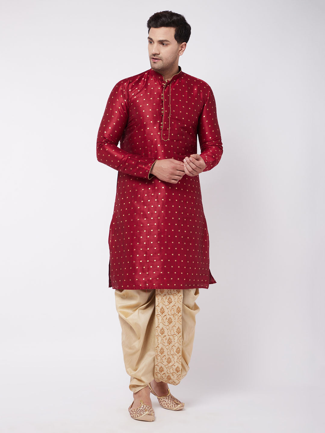 Men's Maroon And Gold Silk Blend Kurta And Dhoti Set - Vastramay