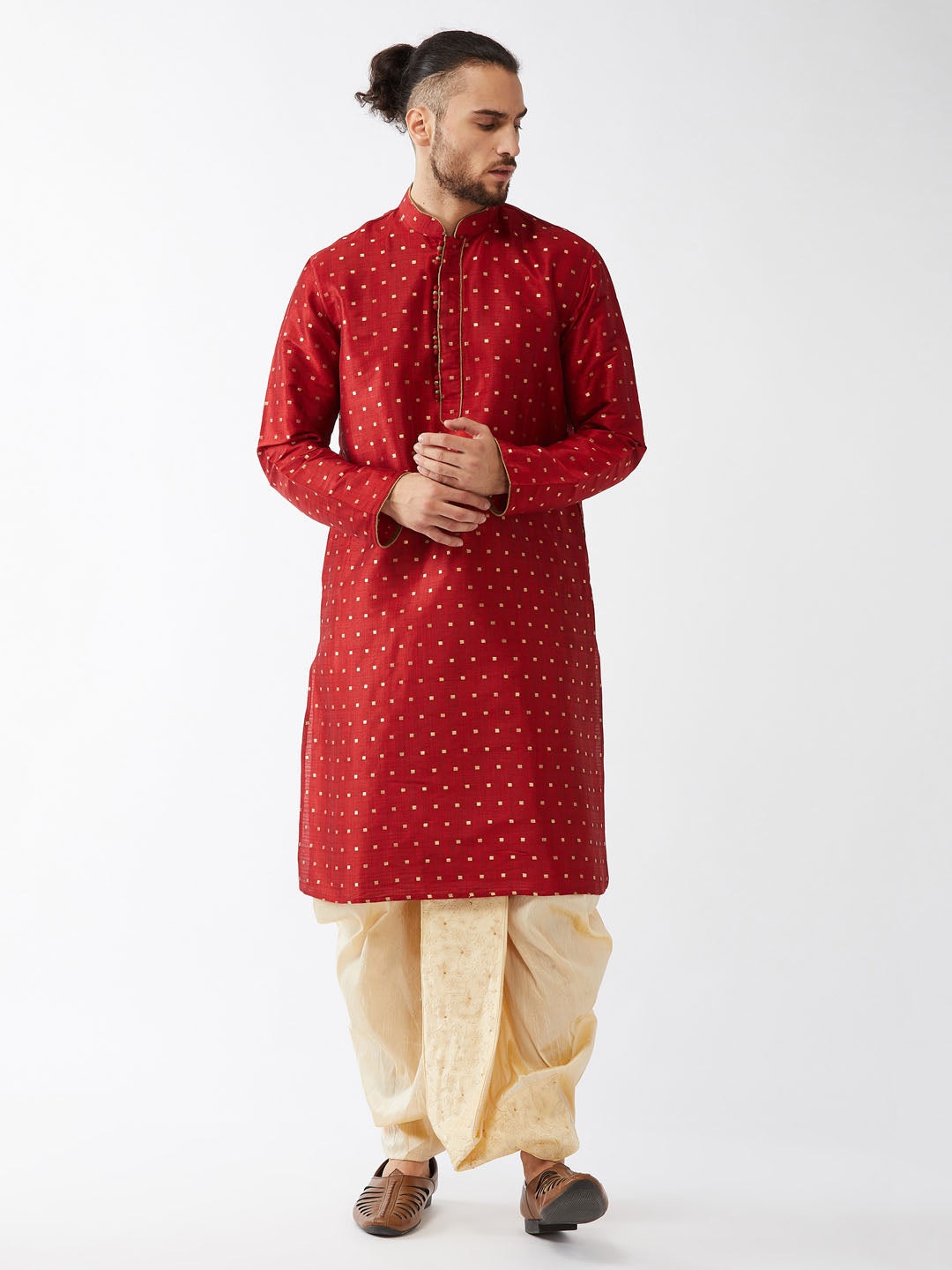 Men's Maroon And Gold Silk Blend Kurta And Dhoti Set - Vastramay