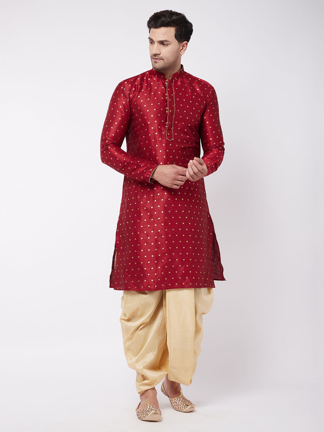 Men's Maroon And Gold Silk Blend Kurta And Dhoti Set - Vastramay