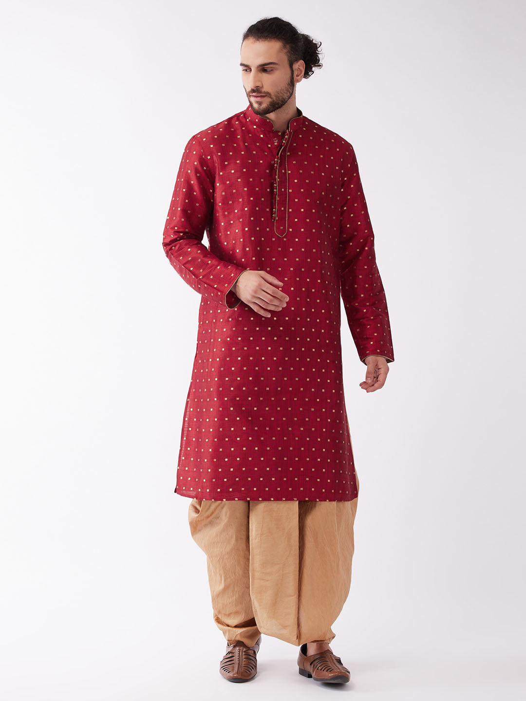 Men's Maroon And Rose Gold Silk Blend Kurta And Dhoti Set - Vastramay