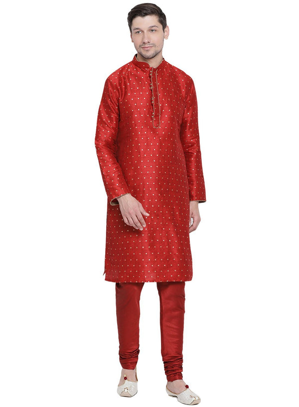 Men's Maroon Cotton Silk Blend Kurta and Pyjama Set - Vastramay