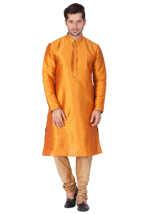 Jashvi Men's Orange Cotton Silk Blend Kurta and Pyjama Set