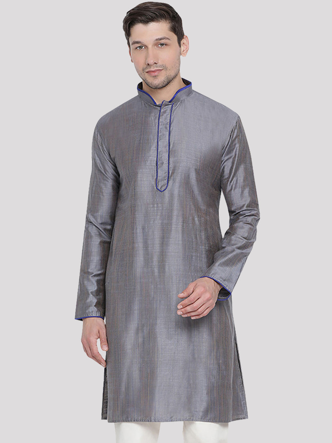 Men's Grey Cotton Silk Blend Kurta