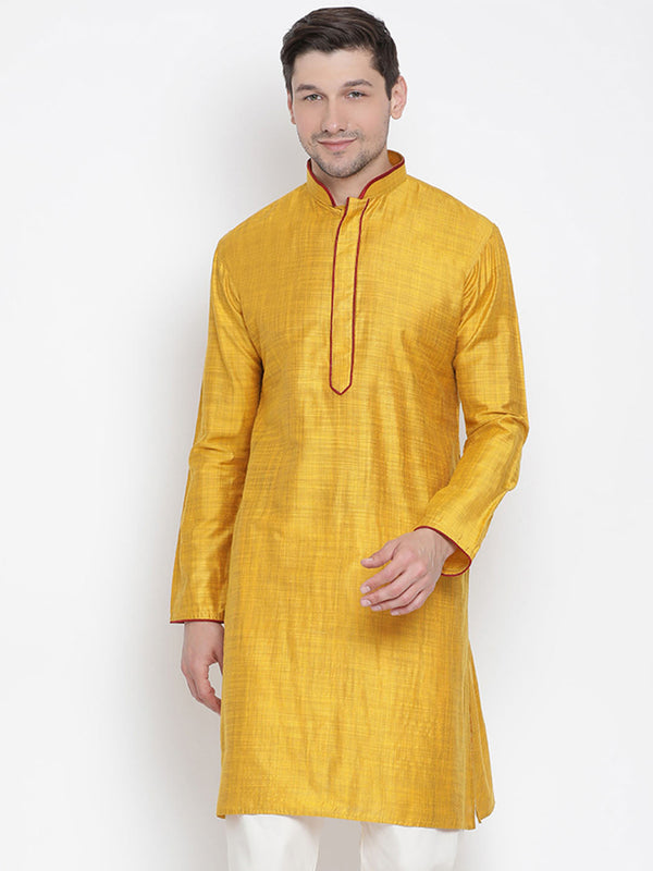 Jashvi Men's Yellow Cotton Silk Blend Kurta