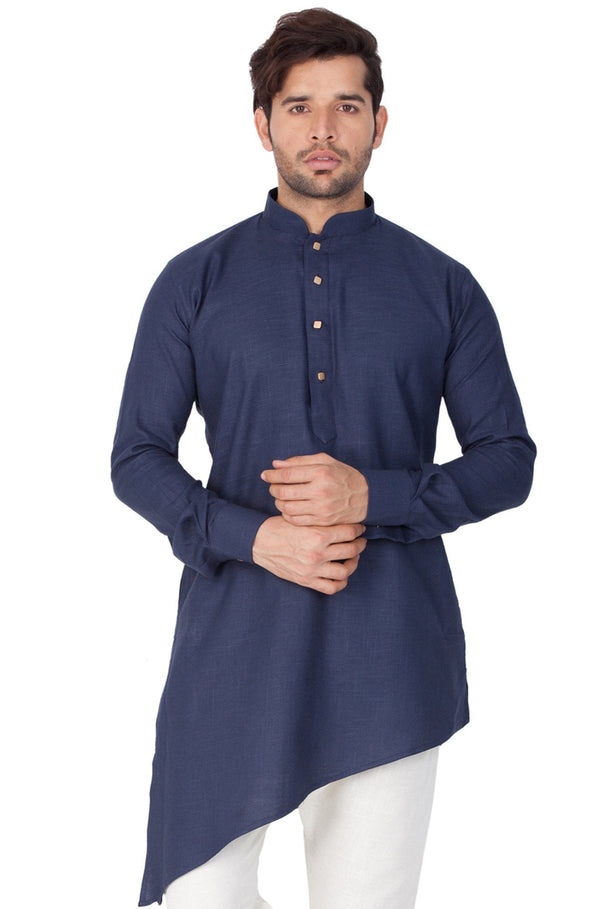 Jashvi Men's Blue Color Linen Kurta