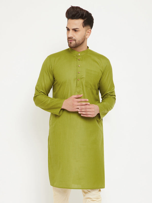 Jashvi Men's Mehendi Green Cotton Blend Kurta