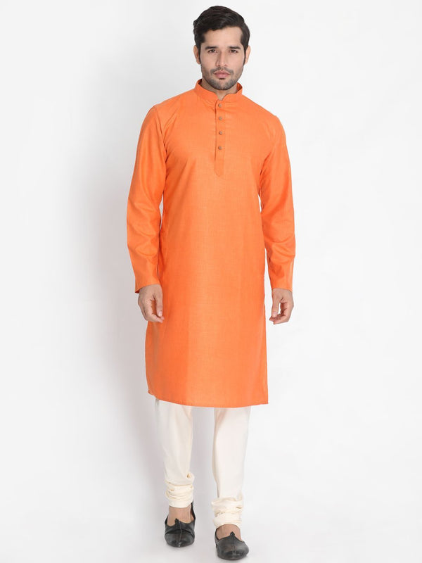 Men's Orange Cotton Blend Kurta and Pyjama Set - Vastramay