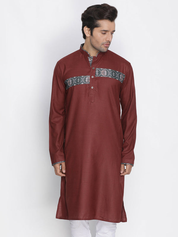 Jashvi Men's Maroon Color Cotton Blend Kurta