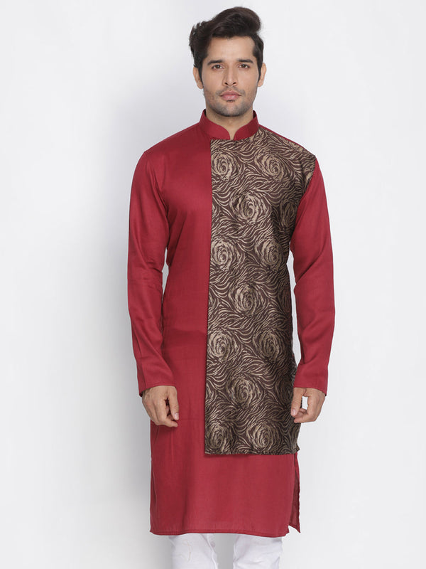 Jashvi Men's Maroon Color Cotton Blend Kurta