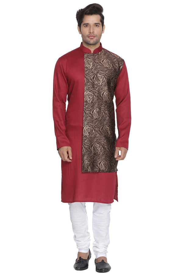 Jashvi Men's Maroon Cotton Blend Kurta and Pyjama Set