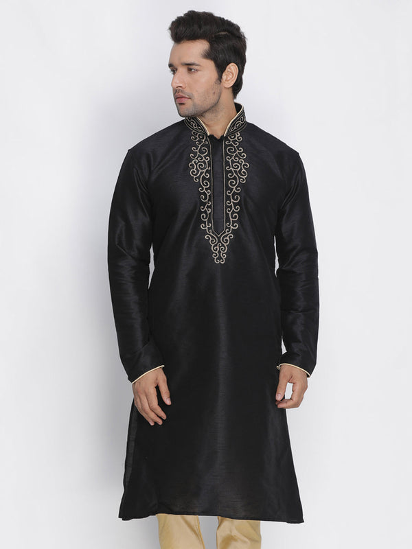 Jashvi Men's Black Color Cotton Silk Blend Kurta