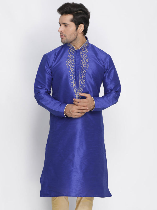 Jashvi Men's Blue Cotton Silk Blend Kurta