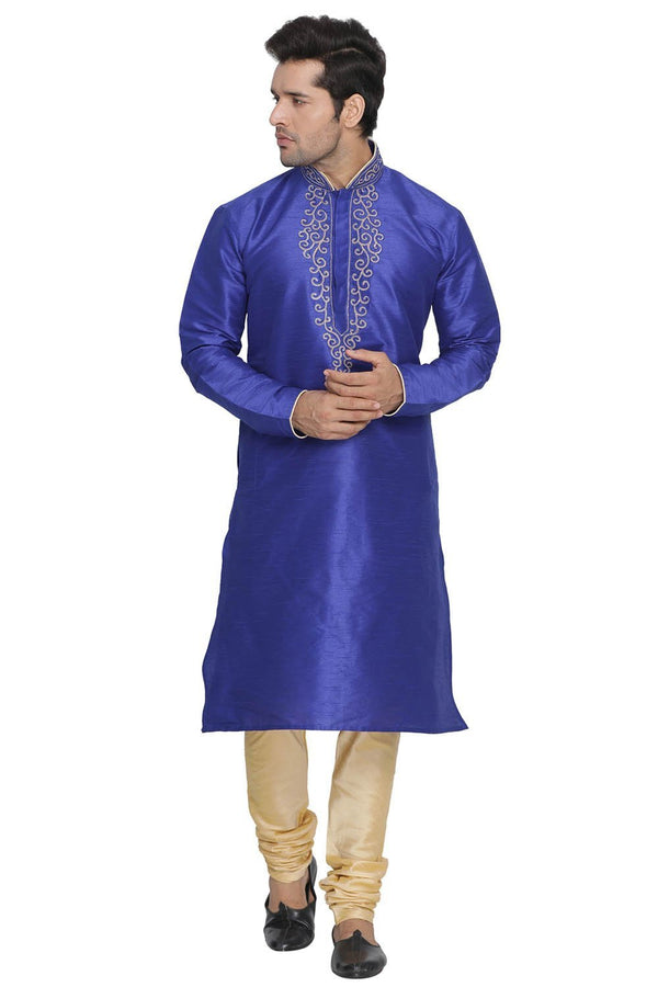 Jashvi Men's Blue Cotton Silk Blend Kurta and Pyjama Set