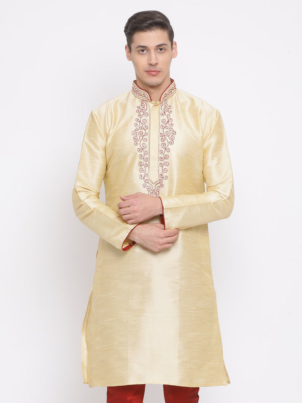 Jashvi Men's Gold Cotton Silk Blend Kurta