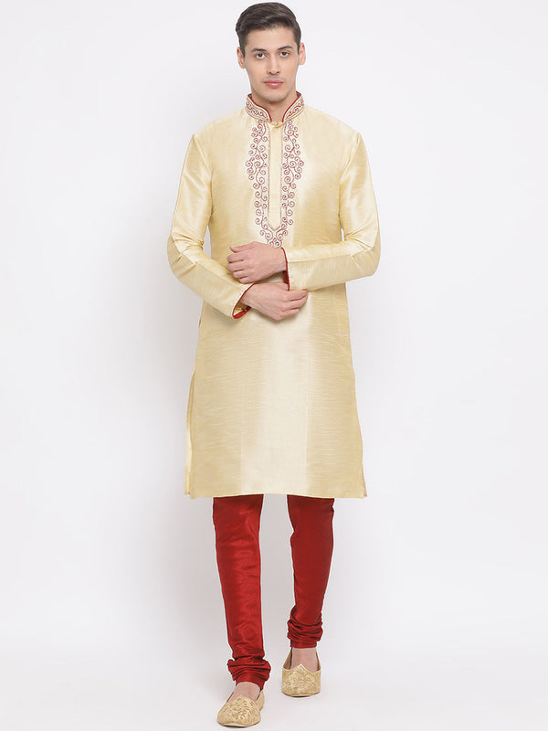 Jashvi Men's Gold Cotton Silk Blend Kurta and Pyjama Set