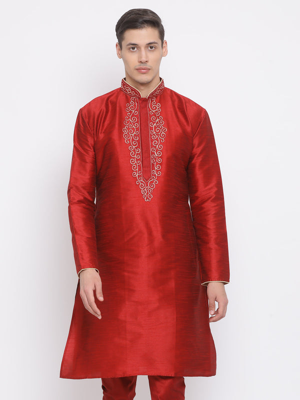 Jashvi Men's Maroon Color Cotton Silk Blend Kurta