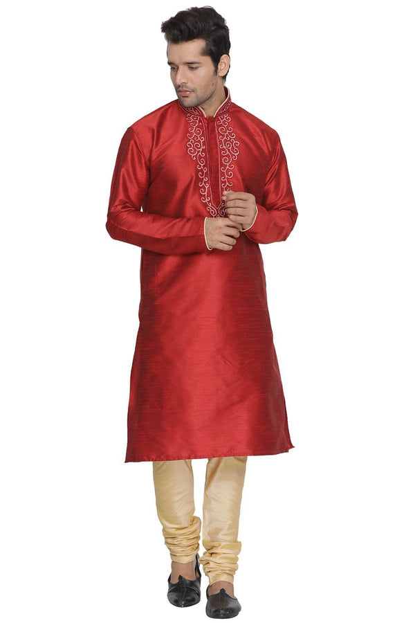 Jashvi Men's Maroon Cotton Silk Blend Kurta and Pyjama Set