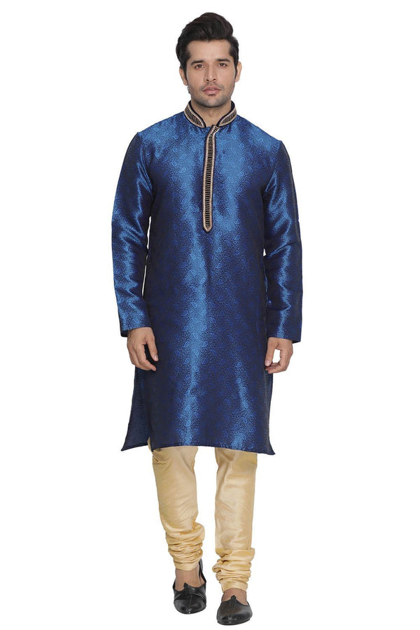 Jashvi Men's Blue Cotton Silk Blend Kurta and Pyjama Set