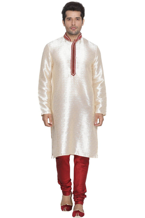 Jashvi Men's Gold Cotton Silk Blend Kurta and Pyjama Set