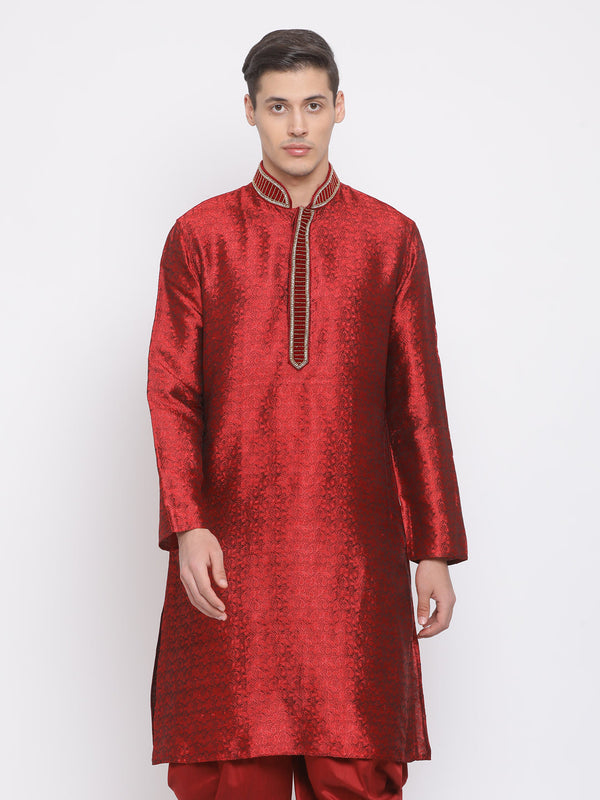 Jashvi Men's Maroon Cotton Silk Blend Kurta