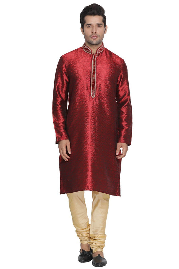 Jashvi Men's Maroon Cotton Silk Blend Kurta and Pyjama Set