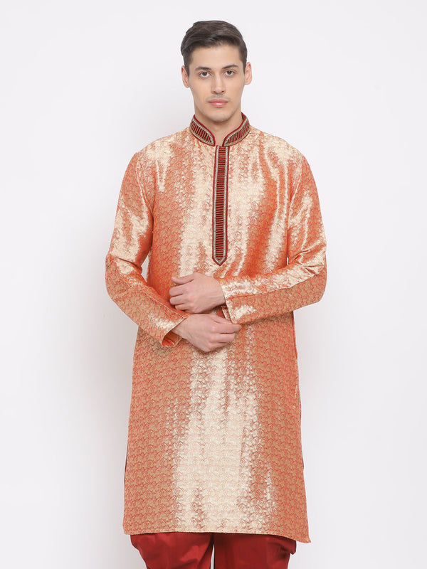 Jashvi Men's Pink Cotton Silk Blend Kurta