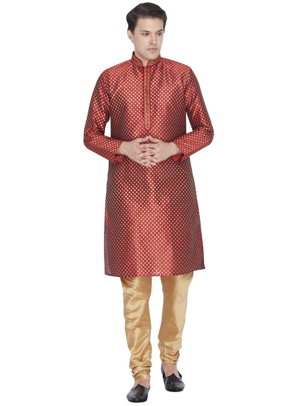 Jashvi Men's Maroon Cotton Silk Blend Kurta and Pyjama Set