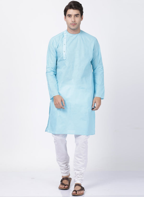 Men's Light Blue Cotton Blend Kurta and Pyjama Set - Vastramay