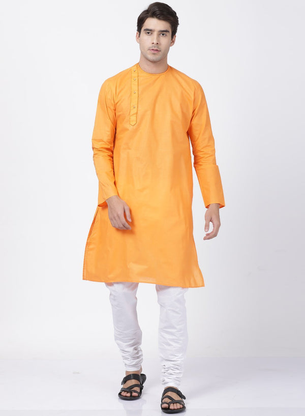 Men's Orange Cotton Blend Kurta and Pyjama Set - Vastramay