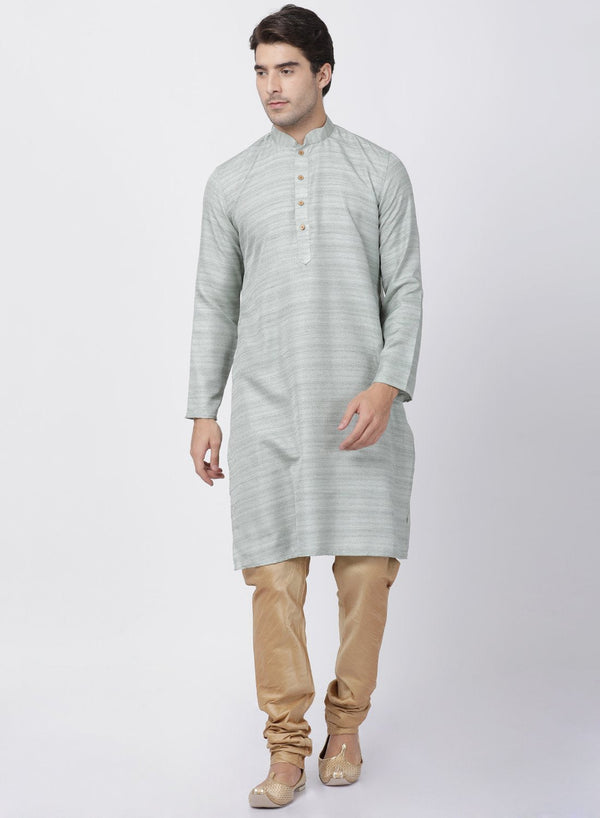 Jashvi Men's Light Green Cotton Silk Blend Kurta and Churidar Set