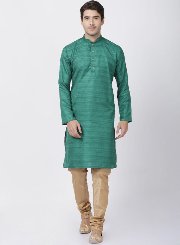 Jashvi Men's Green Cotton Silk Blend Kurta and Pyjama Set