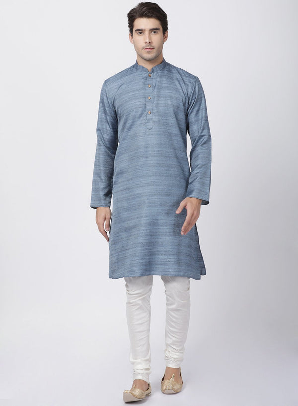 Jashvi Men's Grey Cotton Silk Blend Kurta and Pyjama Set